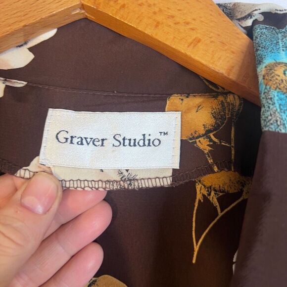 Graver Studio Brown Floral Print Button Front Lightweight Blouse Size XL - Picture 7 of 8
